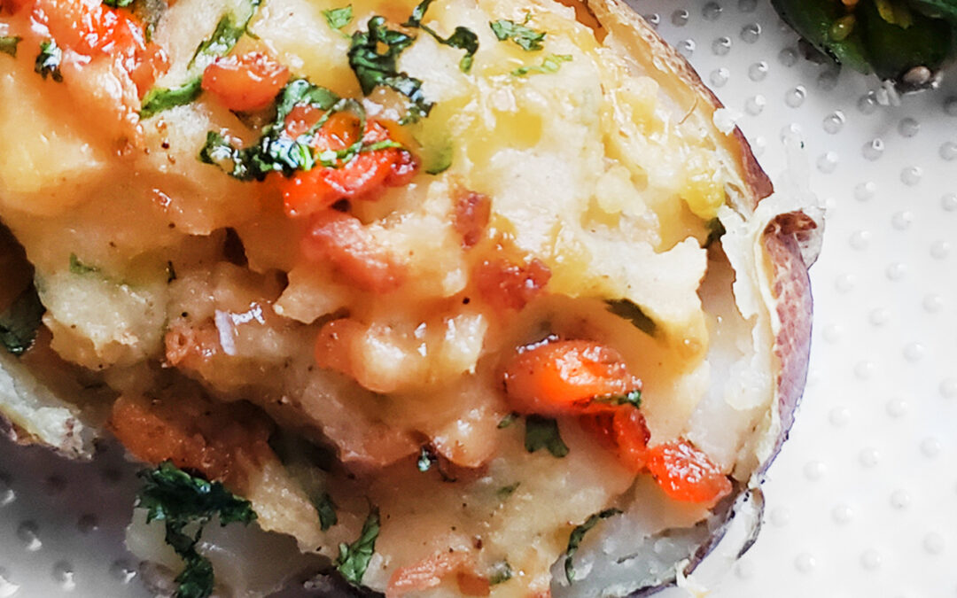 Loaded Baked Potato with Smoked Cheese and Fried Salmon