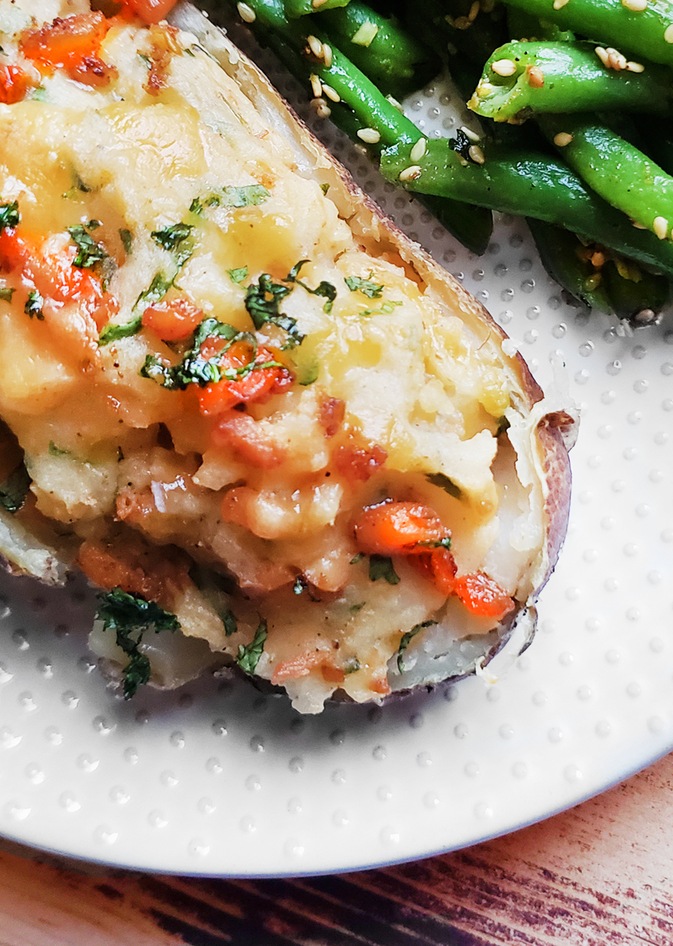 Loaded Baked Potato with Smoked Cheese and Fried Salmon